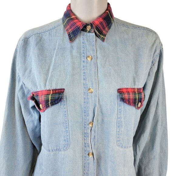 Vintage 90s Plaid Denim Shirt Women Medium Blue Red Button Up Collar Long Sleeve - Picture 16 of 16